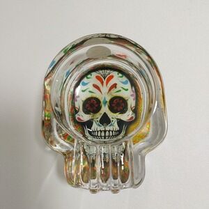 Skull Ashtray Glow in the Dark  Day of the Dead Sugar Skull Heavy Glass‎